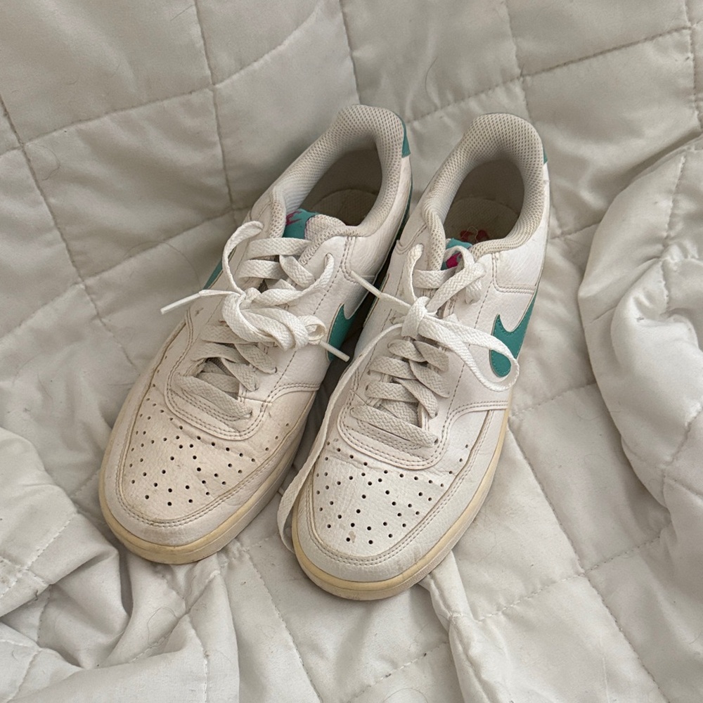 Nike Off-White Leather Sneakers with Teal Swoosh